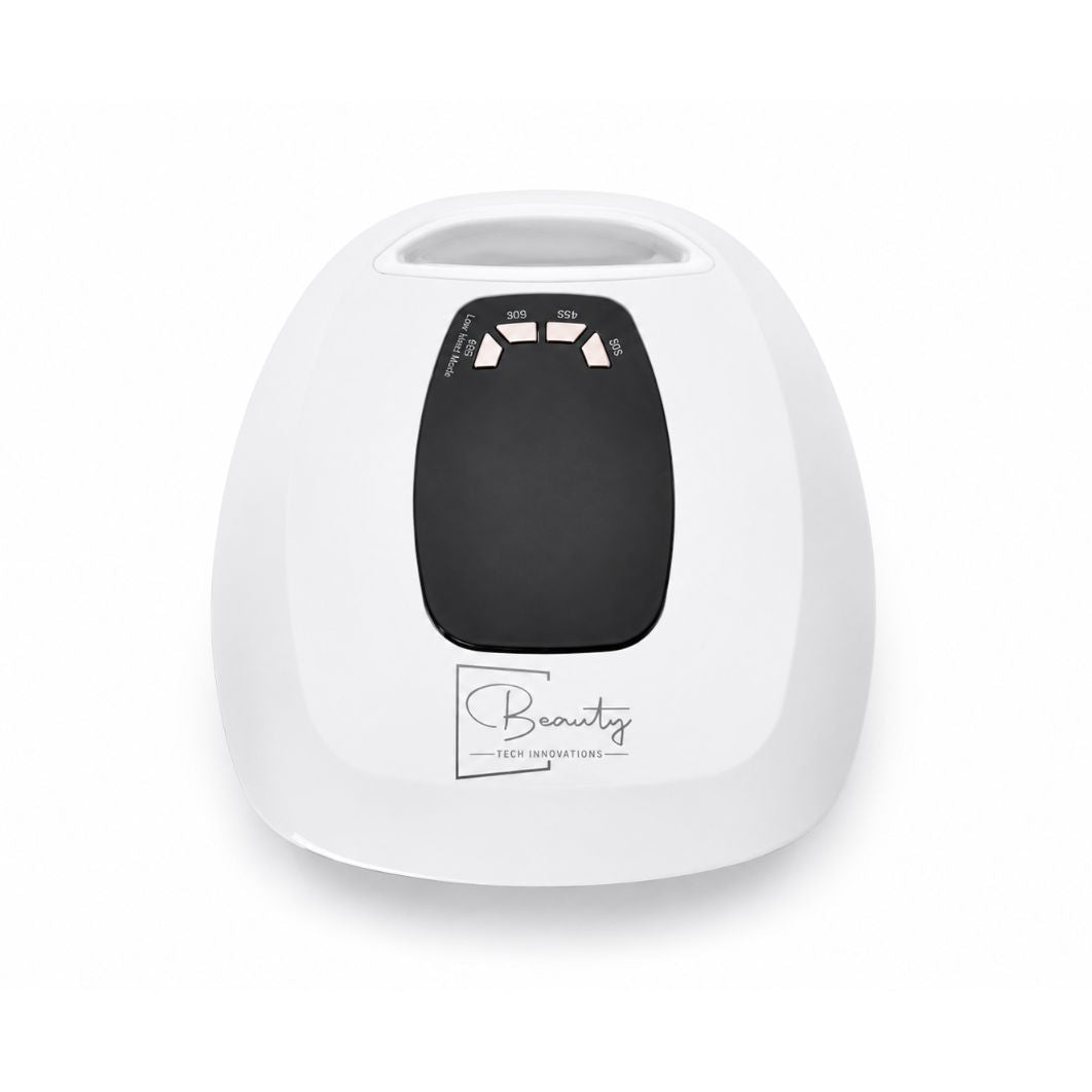 Top view of AuraLux cordless LED nail lamp showing timer controls and ergonomic design