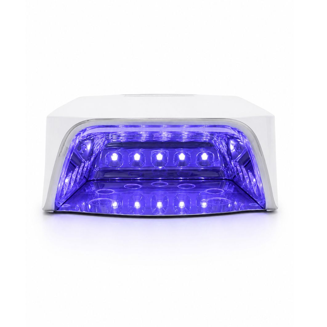 Reflective interior of AuraLux cordless nail lamp showing full hand curing coverage and LED placement