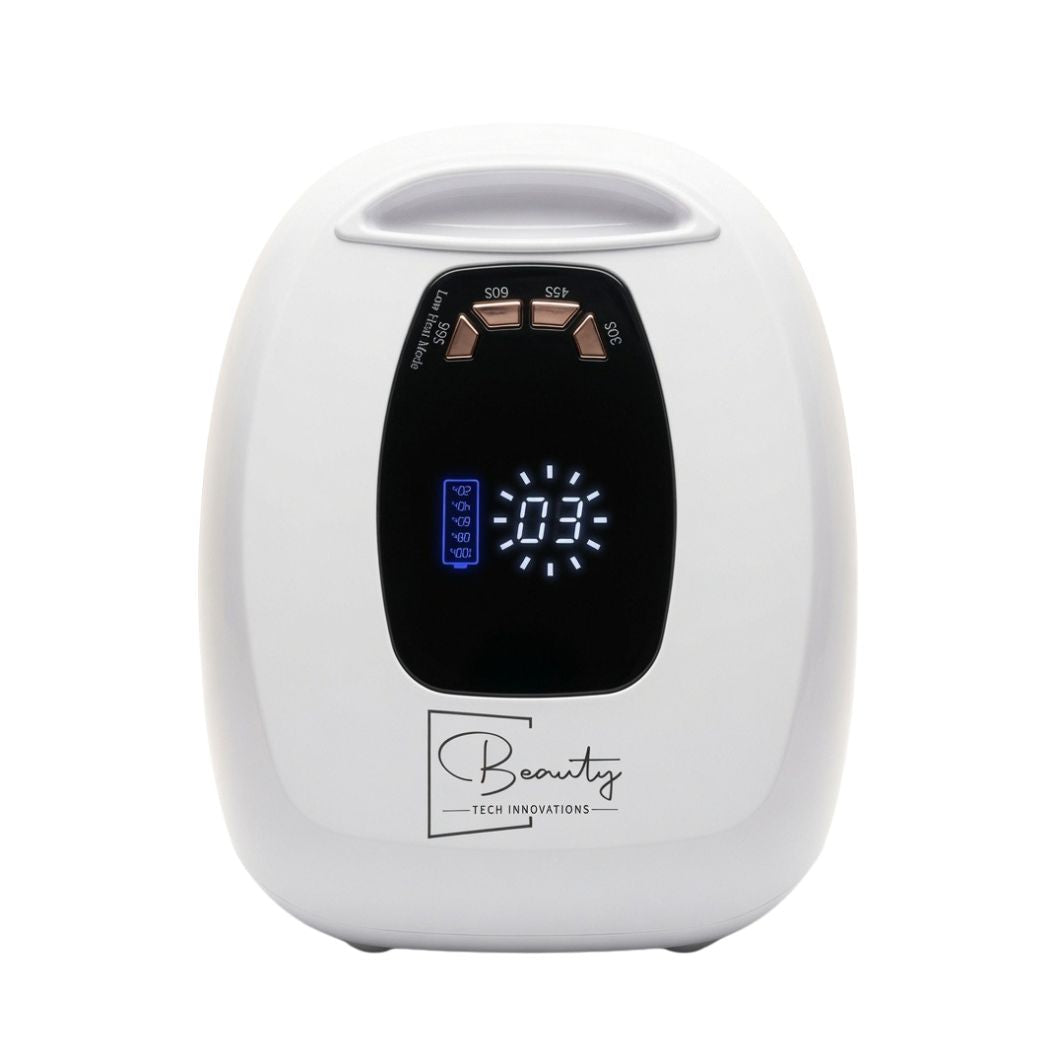AuraLux cordless nail lamp with LCD display showing timer countdown and battery percentage indicator