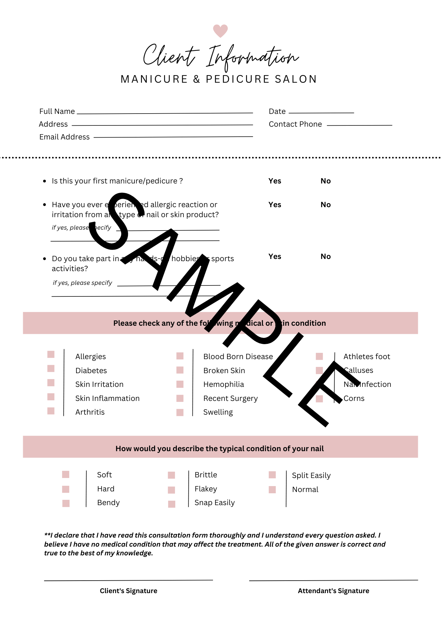 Manicure and Pedicure Consultation Form